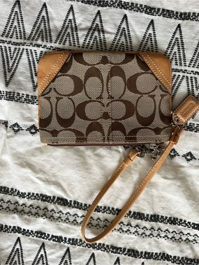 Coach Brown/Tan Signature Canvas Wristlet with Leather Trim